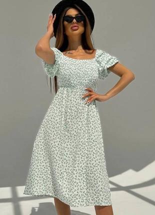Сукня міді з квітковим принтом вільного крою якісна стильна літня легка зелена