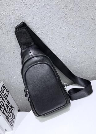 Кожаный мужской черный рюкзак-слинг на одно плечо tiding bag a25f-513-1a