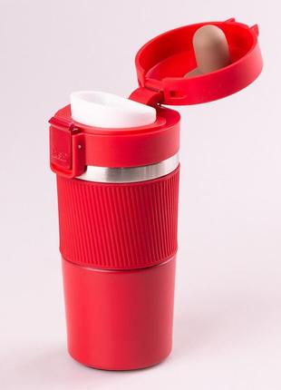 Термокружка з кришкою з силіконовим покриттям на засувці термос похідний для кави чаю, червоний3 фото