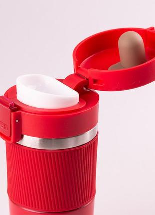Термокружка з кришкою з силіконовим покриттям на засувці термос похідний для кави чаю, червоний2 фото