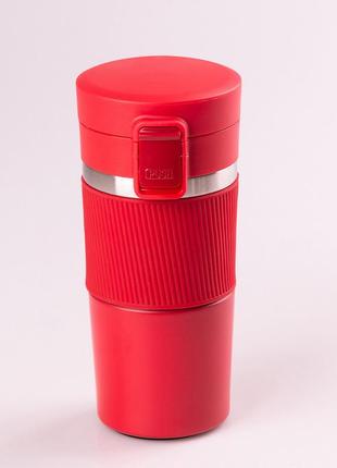 Термокружка з кришкою з силіконовим покриттям на засувці термос похідний для кави чаю, червоний4 фото