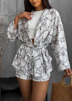 Пляжный женский новый серый белый летний легкий костюм комплект двойка с шортами с...