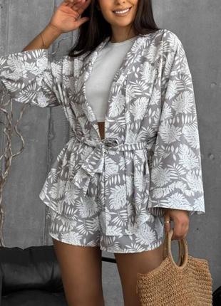 Пляжный женский новый серый белый летний легкий костюм комплект двойка с шортами с...