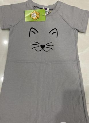 Платье свободного кроя для девочки, летнее легкое платье, туника удлиненная с кошачьим принтом, платье с котиком