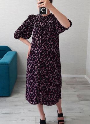 Довга чорна сукня-рубашка з квітковим принтом zara