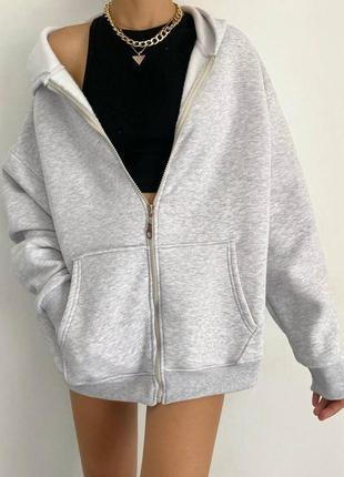 Зіп худі жіноче оверсайз на флісі з капішоном з кишенями на блискавці якісне стильне тепле електрик помаранчевий