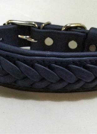 Кожаный ошейник для собак "lockdog" с плетением синий6 фото