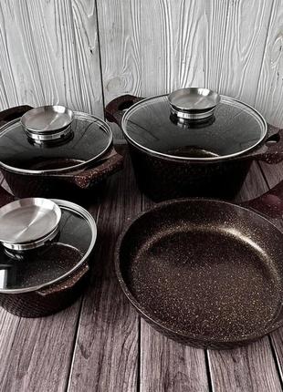 Набір каструль і сковорода з гранітним антипригарним покриттям higher kitchen hk-315 7 предметів кава7 фото