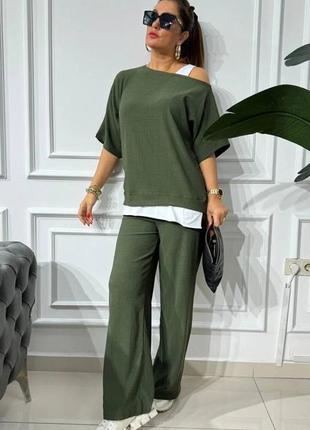 Зеленый хаки женский брючный костюм футболка с открытым плечом женский прогулочный повседневный костюм