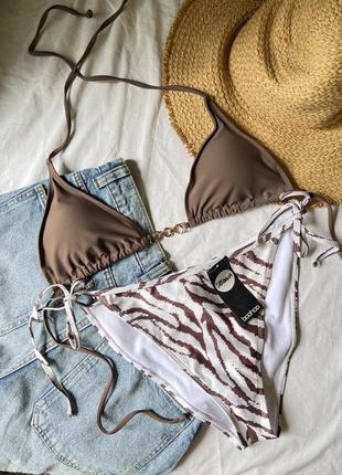 Роздільний коричневий купальник на завʼязках у принт зебру boohoo