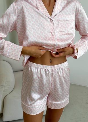 Комплект шелковая женская пижама victoria's secret с красивым дизайном рубашка и шорты розового цвета9 фото