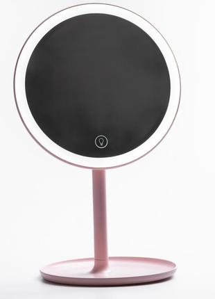 Косметическое зеркало с увеличением настольное круглое зеркалом с led-подсветкой для макияжа розовый2 фото