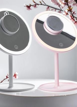 Косметическое зеркало с увеличением настольное круглое зеркалом с led-подсветкой для макияжа розовый4 фото