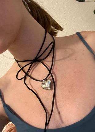 Шнурок чокер подвеска сердце стиль цветет терен, кулон на кожаном шнурке тренд