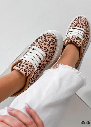 Леопардові шкіряні нубукові кросівки кросівки кеди на білій високій товстій підвищеній...