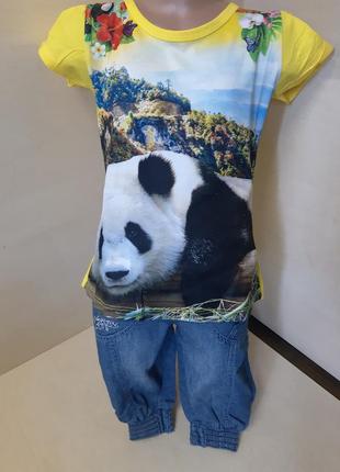 Летний костюм для девочки футболка джинсовые шорты панда 110 116 122 128 1348 фото