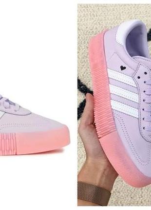 Брендовые женские кроссовки adidas samba из искусственной кожи белые с розовой резиновой подошвой 367 фото