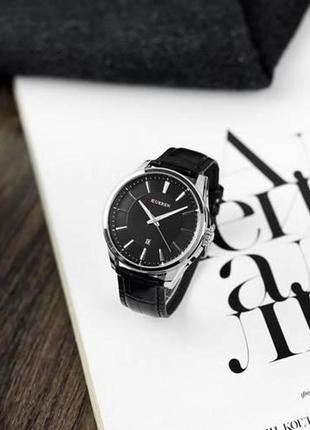 Чоловічий наручний годинник із датою curren 8365 silver-black карен срібний шкіряний ремінець4 фото