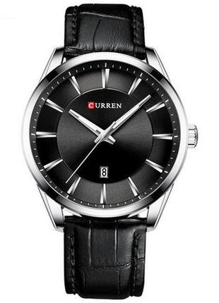Чоловічий наручний годинник із датою curren 8365 silver-black карен срібний шкіряний ремінець7 фото