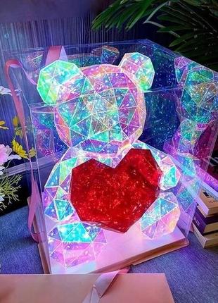 Хрустальний ведмежатко геометричний ведмедик 3d led teddy bear нічник з червоним серцем 25 см2 фото