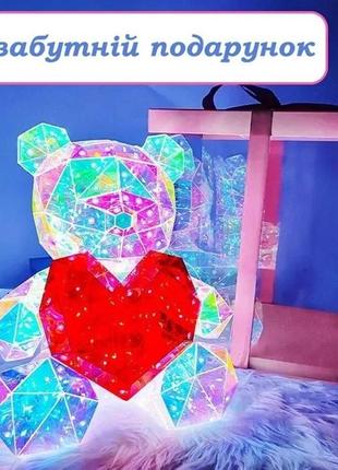 Хрустальний ведмежатко геометричний ведмедик 3d led teddy bear нічник з червоним серцем 25 см6 фото