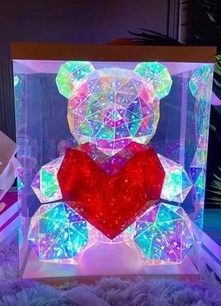 Хрустальний ведмежатко геометричний ведмедик 3d led teddy bear нічник з червоним серцем 25 см4 фото