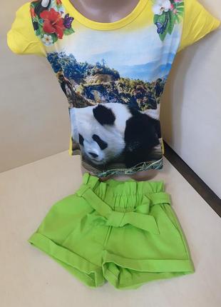Летний костюм для девочки футболка шорты панда турция 116 122 128 1343 фото