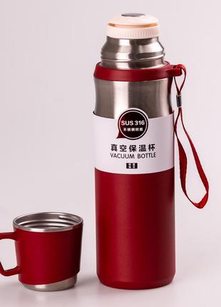 Термос з чашкою 600 мл з нержавіючої сталі з ручкою та ременем, червоний4 фото