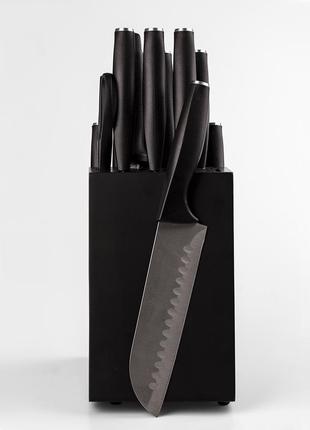 Набор кухонных ножей на подставке из нержавеющей стали 14 предметов, черный5 фото
