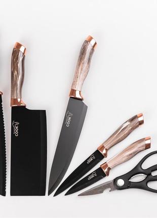 Якісний набір кухонних ножів з візерунком на підставці з точилом із нержавіючої сталі 6 предметів, коричневий6 фото