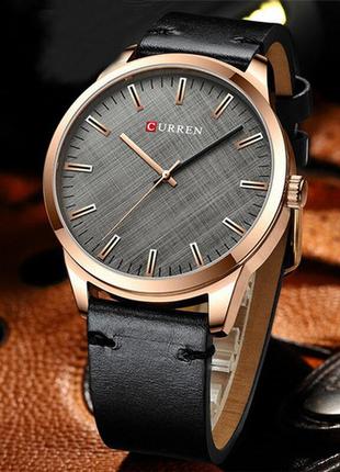 Наручний годинник чоловічий curren 8386 black-gold карен із чорним шкіряним ремінцем золотий корпус