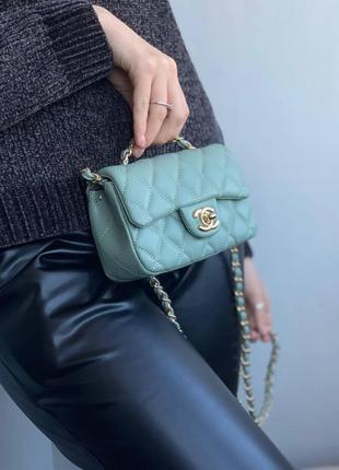 Жіночий стильний клатч chanel зі шкіри брендова сумка шанель бірюзова на ланцюжку через плече9 фото