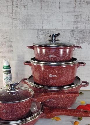 Набор кастрюль и сковорода higher kitchen hk-305, набор посуды с гранитным антипригарным покрытием красный2 фото