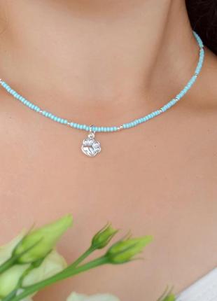 Чокер мятный бисер с подвеской "лапка", фур-ра гипоаллергенный сплав цвета серебро d-2мм+- l-43-48см