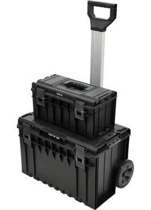 Ящик для інструментів 2 секції yato польша на 2-х колесах, 855х425х645 мм, з пластика, висувна ручка yt-09162