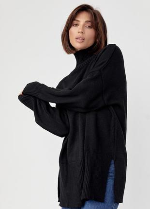 Женский вязаный свитер oversize с разрезами по бокам - черный цвет, s (есть размеры)7 фото