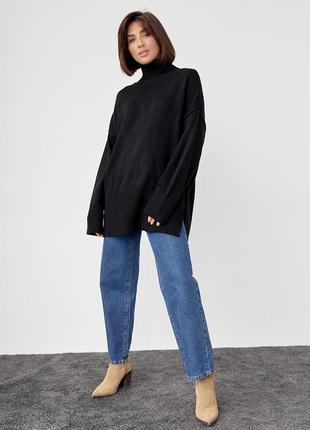 Женский вязаный свитер oversize с разрезами по бокам - черный цвет, s (есть размеры)5 фото