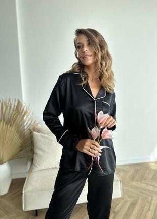 Модний комплект жіноча сорочка та штани красива чорна піжама з шовку s7 фото
