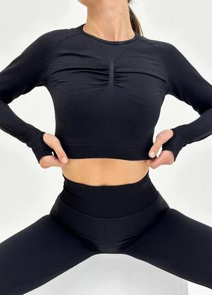 Повседневный женский спортивный фитнес костюм рашгард и лосины для тренировок фитнеса и йоги черный s3 фото