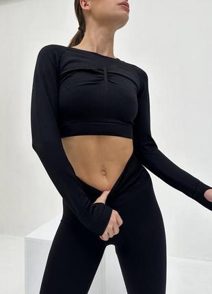 Повседневный женский спортивный фитнес костюм рашгард и лосины для тренировок фитнеса и йоги черный s6 фото