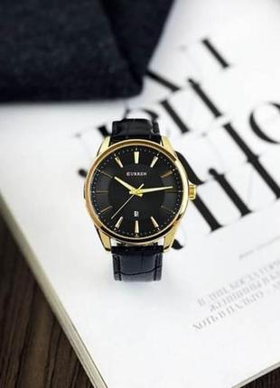 Мужские наручные часы curren 8365 black-gold карен золотой корпус с датой ремешок из кожи3 фото