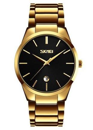 Часы мужские классические skmei 9140gdbk gold-black скмей золотые наручные кварцевые с металлическим ремешком2 фото