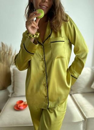 Элегантный комплект женская рубашка и штаны качественная шелковая пижама желтая s3 фото