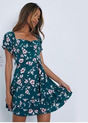 Платье, платье, короткое, в цветы, зеленое