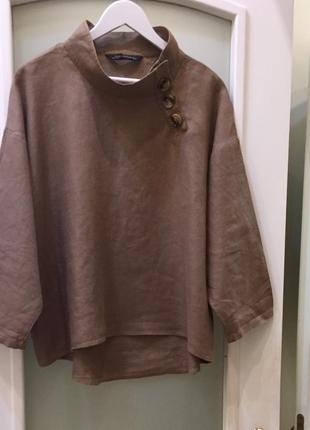Сорочка блуза з льону premium linen top with turtleneck buttons beige зі свіжих колекцій size l  нов