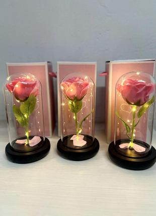 Троянда в колбі під скляним куполом стабілізована квітка pink з підсвіткою велика2 фото