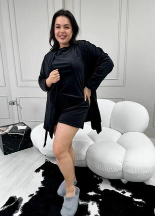 Красивый стильный женский комплект plus size из турецкой ткани халат футболка шорты велюр xl/2xl10 фото