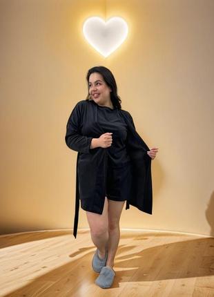 Красивий стильний жіночий набір plus size з турецької тканини халат футболка шорти велюр xl/2xl