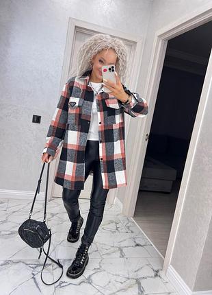 Рубашка женская теплая шерсть удлиненная оверсайз батал 54-60 в клетку синяя, красная, серо-розовая