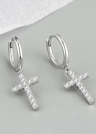 Серьги крестики серебро 925 покрытие фианиты